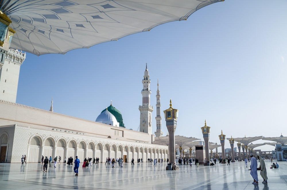 Masjid an-Nabawi, the Prophet's Mosque in Madinah, with its green dome and minarets